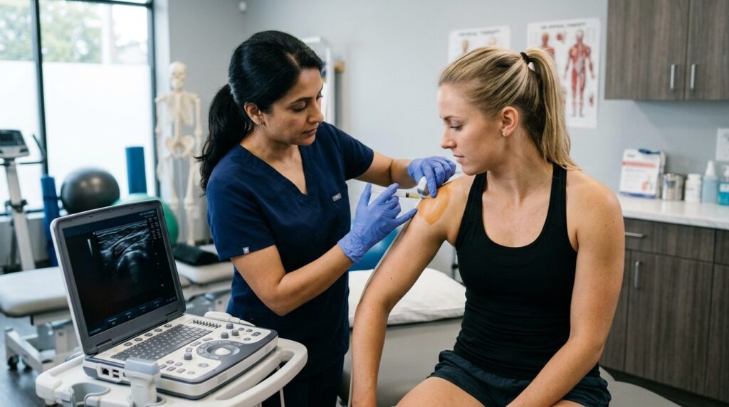 Athletic female patient receiving PRP injection into shoulde