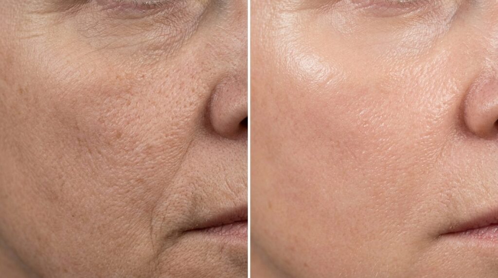 Detailed close-up of skin texture before and after regenerat