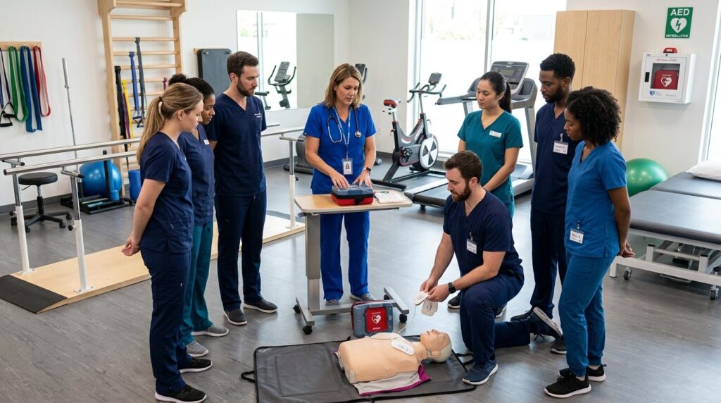 Rehabilitation clinic staff gathering around a training sess