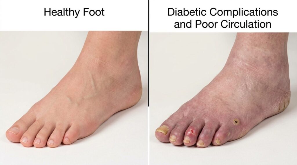 Detailed clinical comparison image showing healthy foot vers