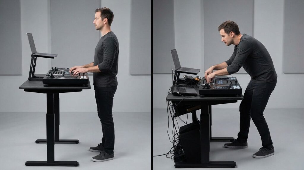 Comparison split-screen style image showing proper ergonomic