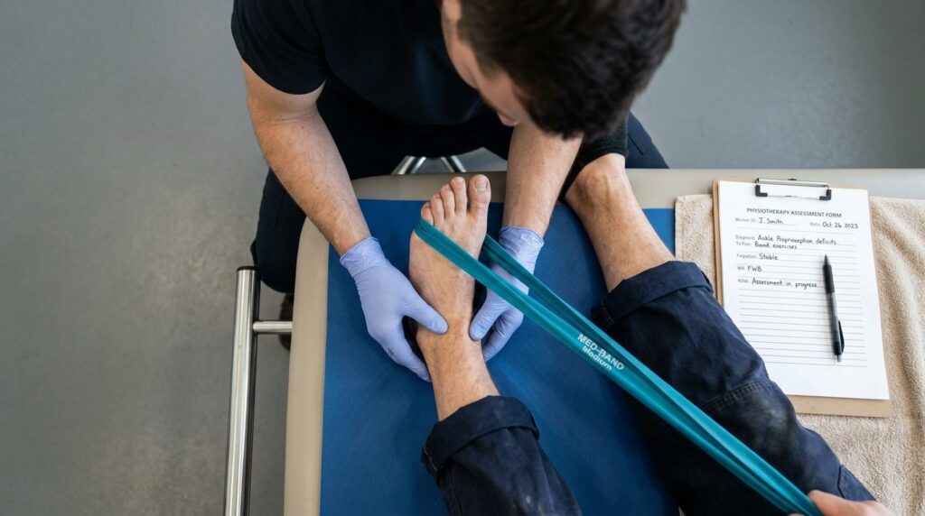 Close-up overhead view of a physiotherapists hands performi