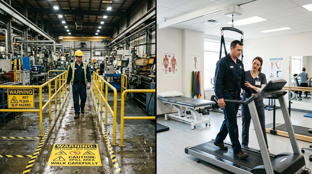 Wide shot of industrial workplace safety scene showing wet p