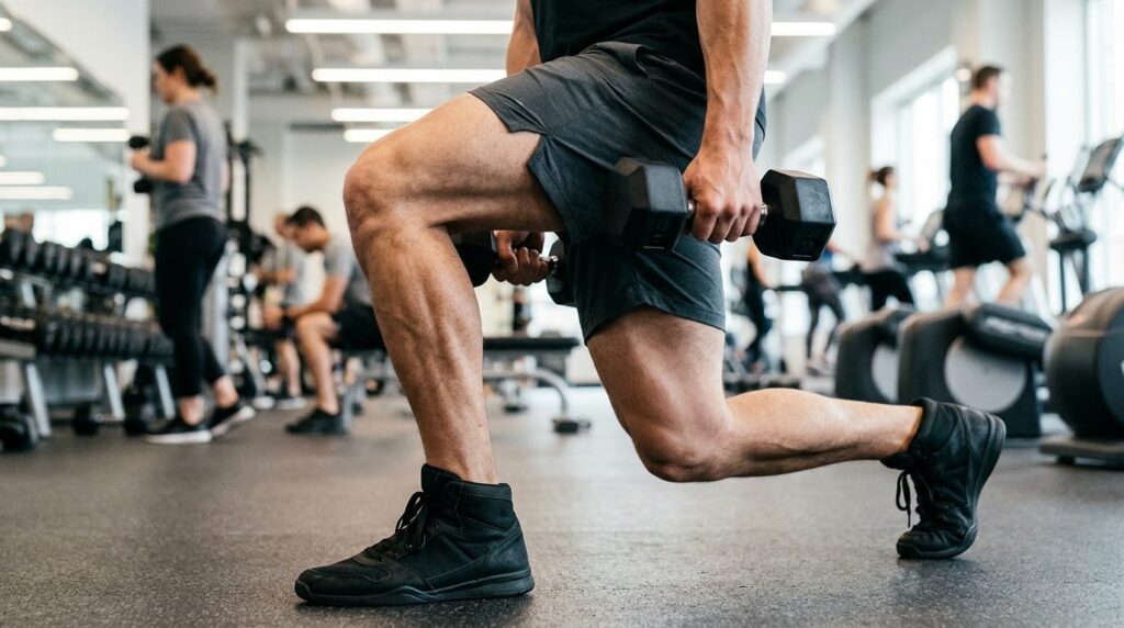 Close-up detail shot of lower body showing common leg exerci