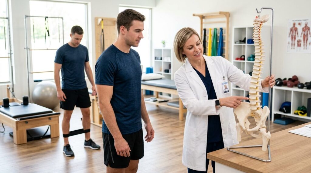 Physical therapist in white coat pointing to spine and hip a