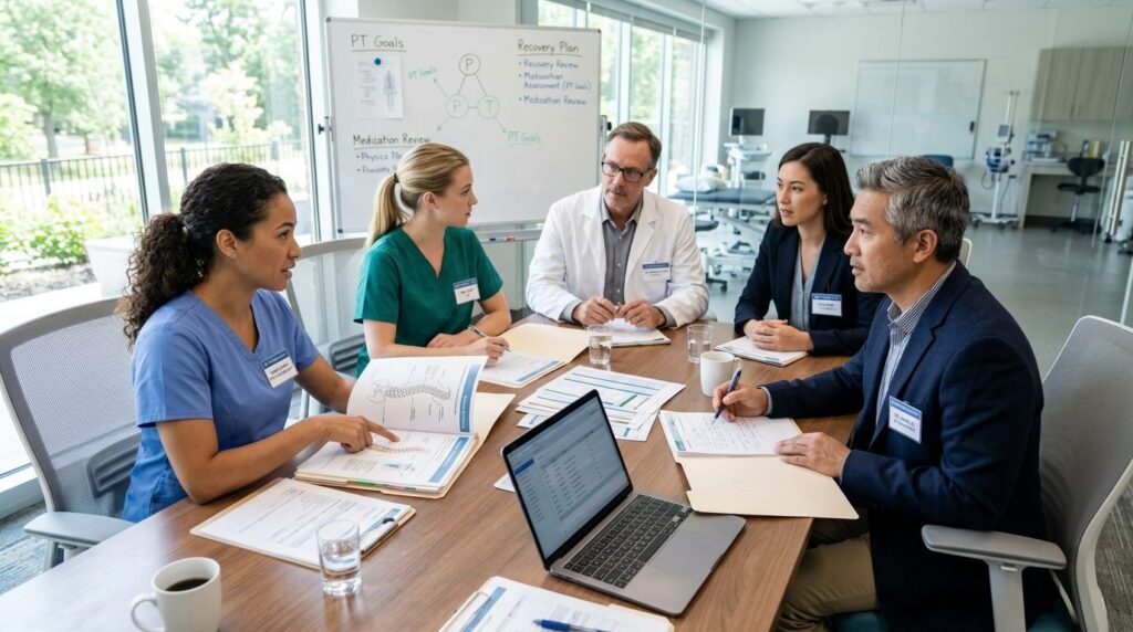 Multidisciplinary healthcare team meeting in a modern rehabi