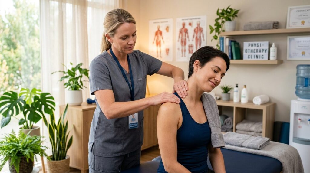Patient receiving neck and shoulder massage therapy in a phy
