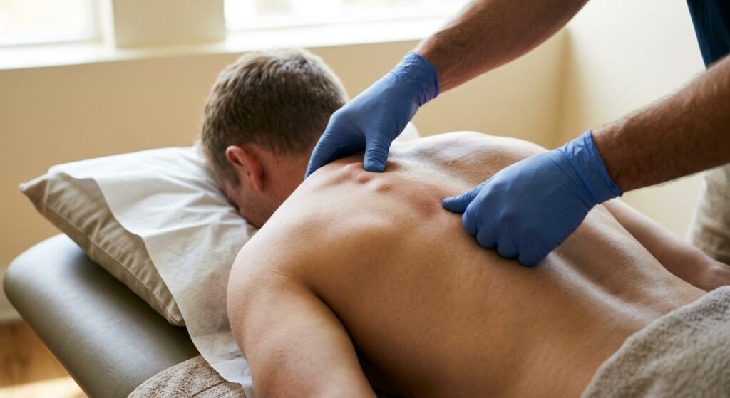 Close-up medical photograph of upper back and shoulder muscu