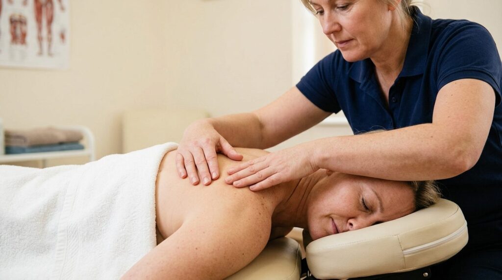 Close-up clinical photograph of a physiotherapists hands pe
