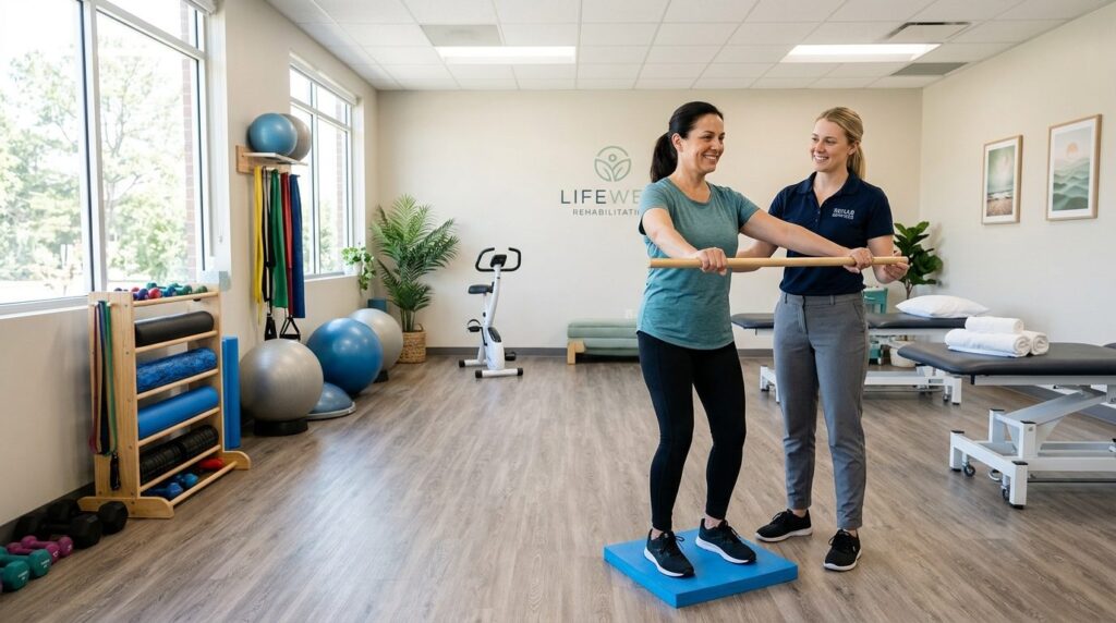 Wide angle shot of a peaceful rehabilitation therapy room wi