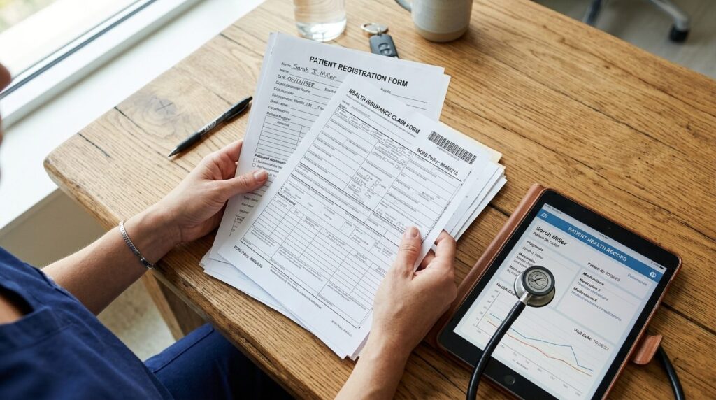 Close-up overhead view of hands holding medical forms and in