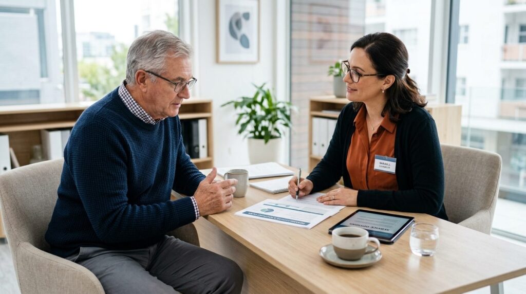 Mature man in consultation with female healthcare advisor or