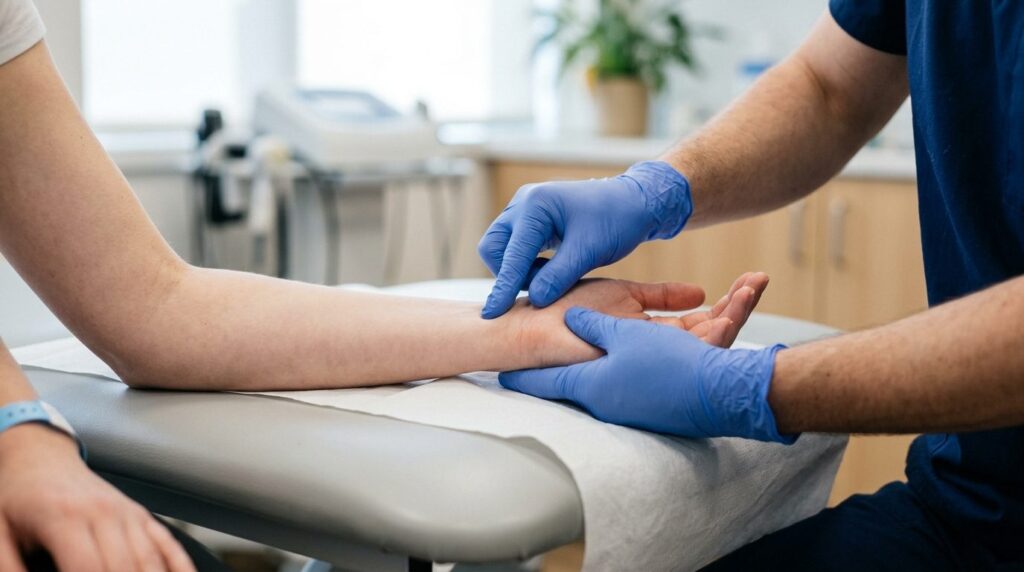 Hånd og underarm under undersøgelse af smerter hos patient.