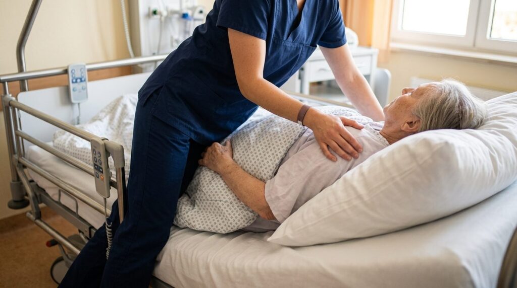 Plejerens hænder positioner patienten forsvarligt under sengebunden pleje.