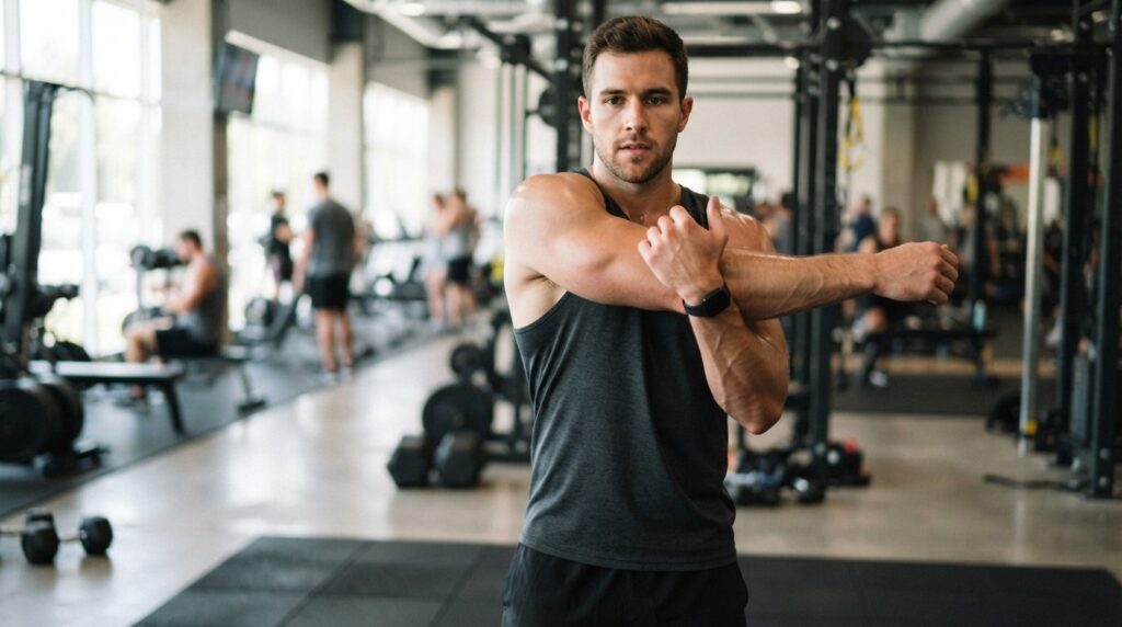 Close-up of a fit man doing shoulder stretching exercises in