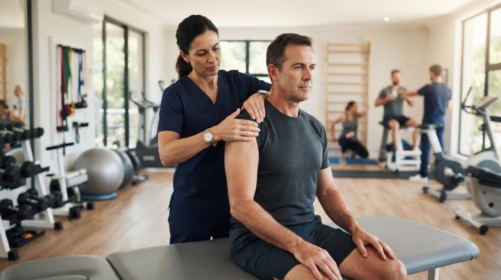 Experienced physiotherapist applying therapeutic technique t