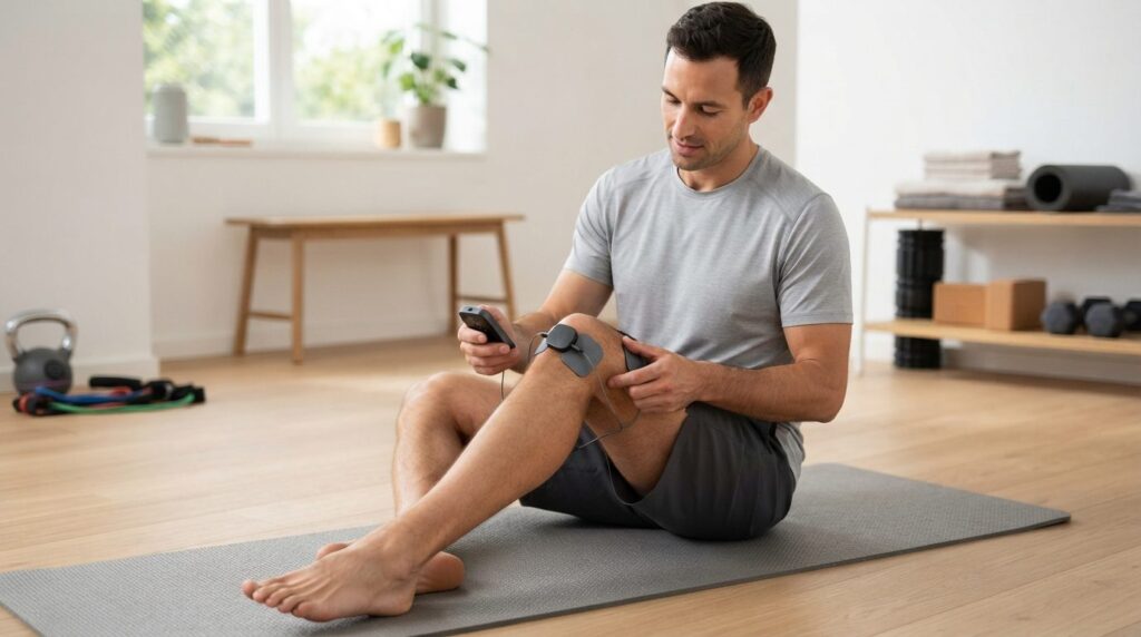Athletic man in home gym environment using electronic muscle
