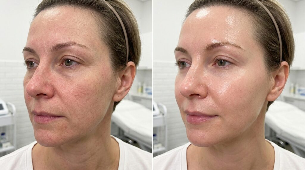 Before and after styled split-screen medical photograph: Lef