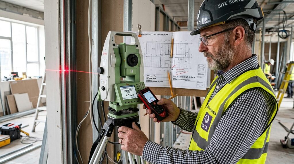 Close-up of experienced surveyor using digital measuring equ