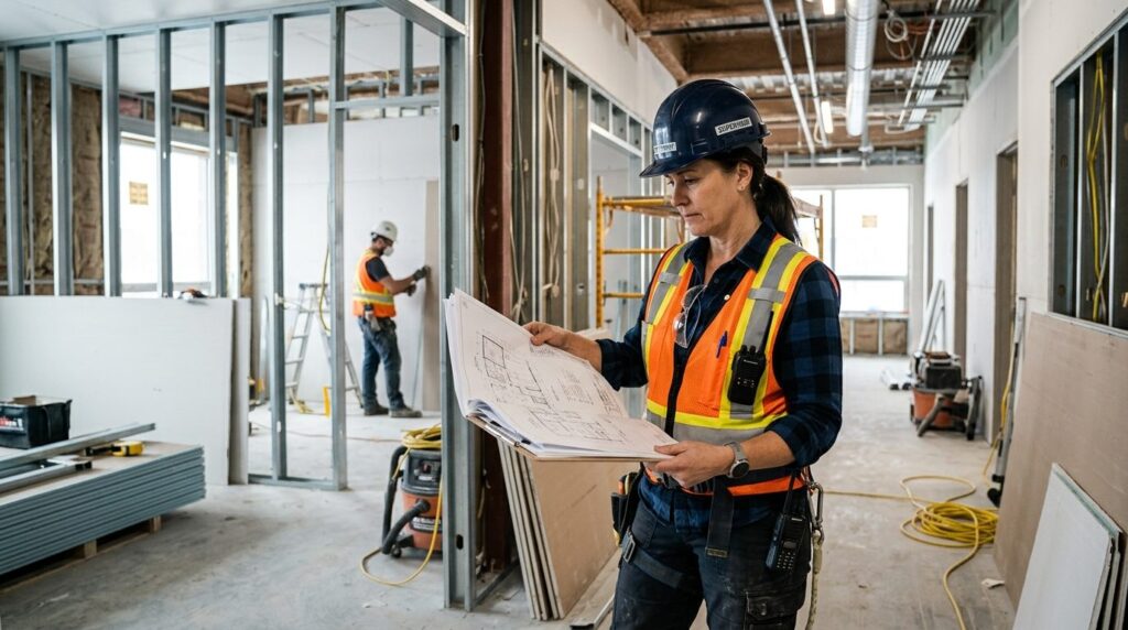 Impartial building supervisor standing in a rehabilitation c