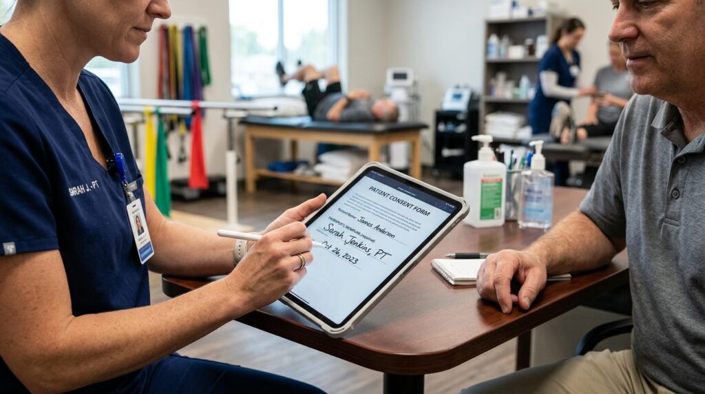 Close-up of physical therapist hands signing digital consent