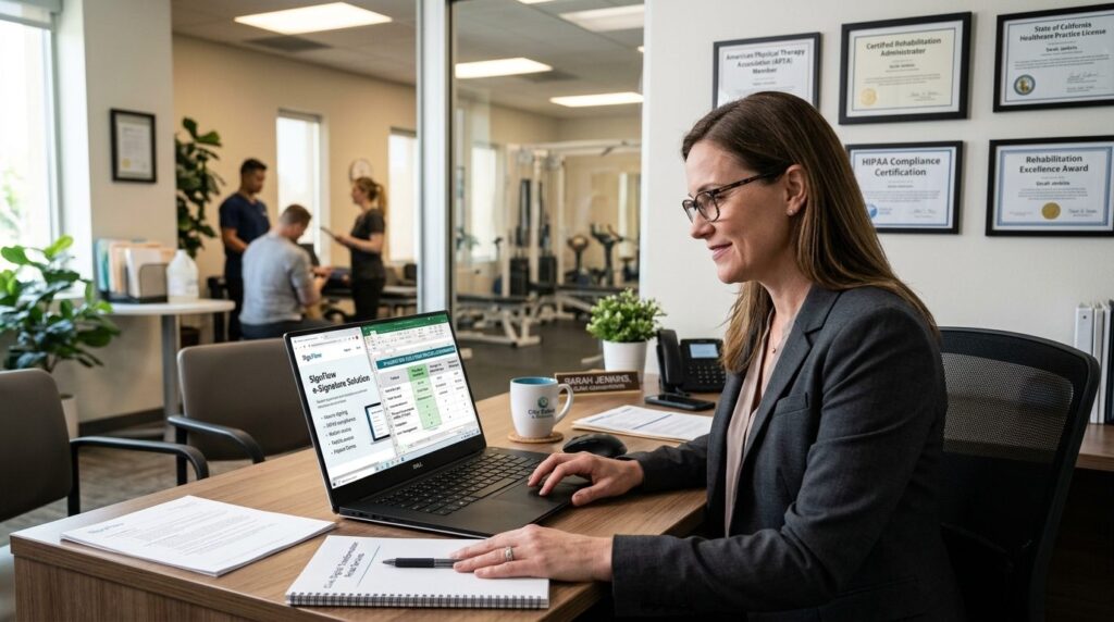 Healthcare clinic administrator reviewing e-signature soluti