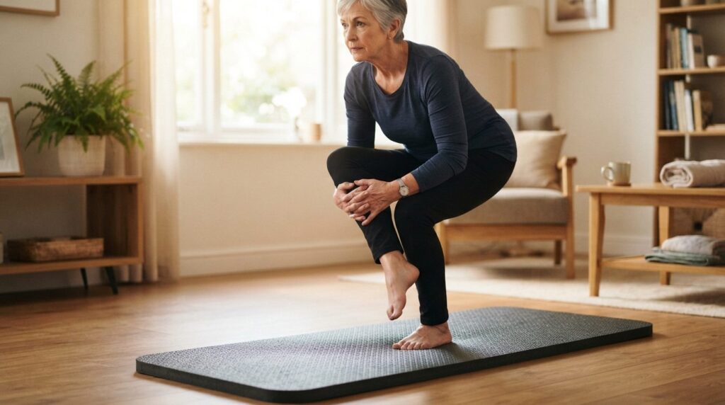 Senior woman performing balance exercises and stretching on