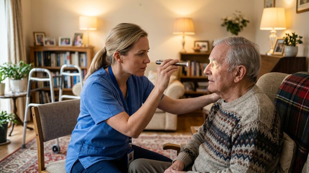 Healthcare professional examining a patients eyes using a h