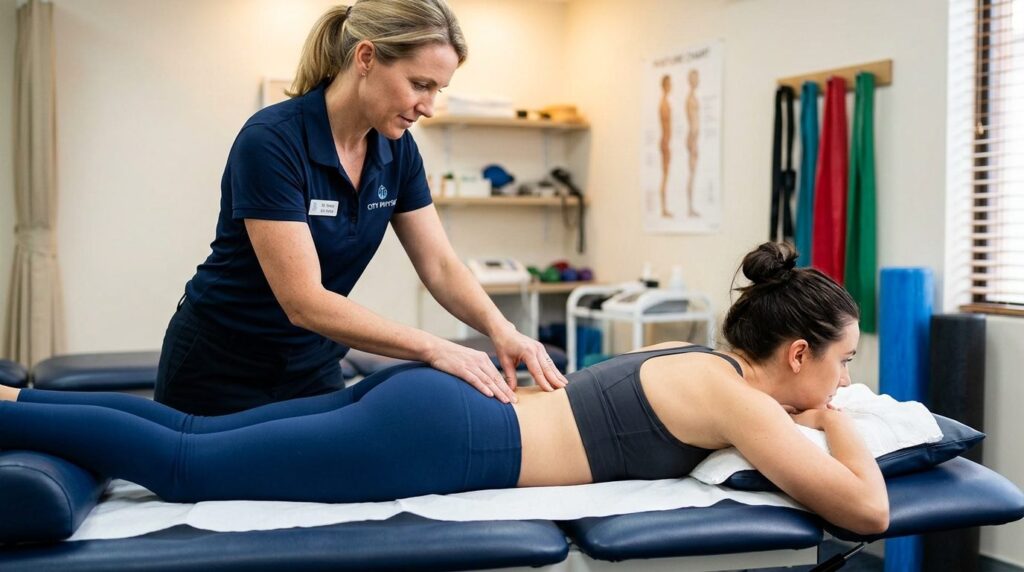 Close-up of physiotherapist examining patients lower back a