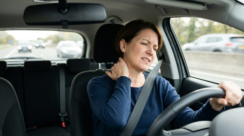 Woman experiencing neck and shoulder tension while driving,