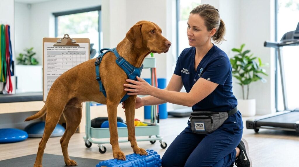 Athletic dog performing controlled physiotherapy exercise on